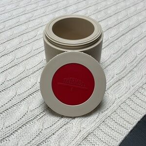 VTG Thermos tan with red accented lid. Model # 1155. Insulated jar. Threaded lid